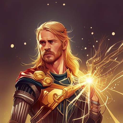 Thor Digital Painting with Golden Outlines