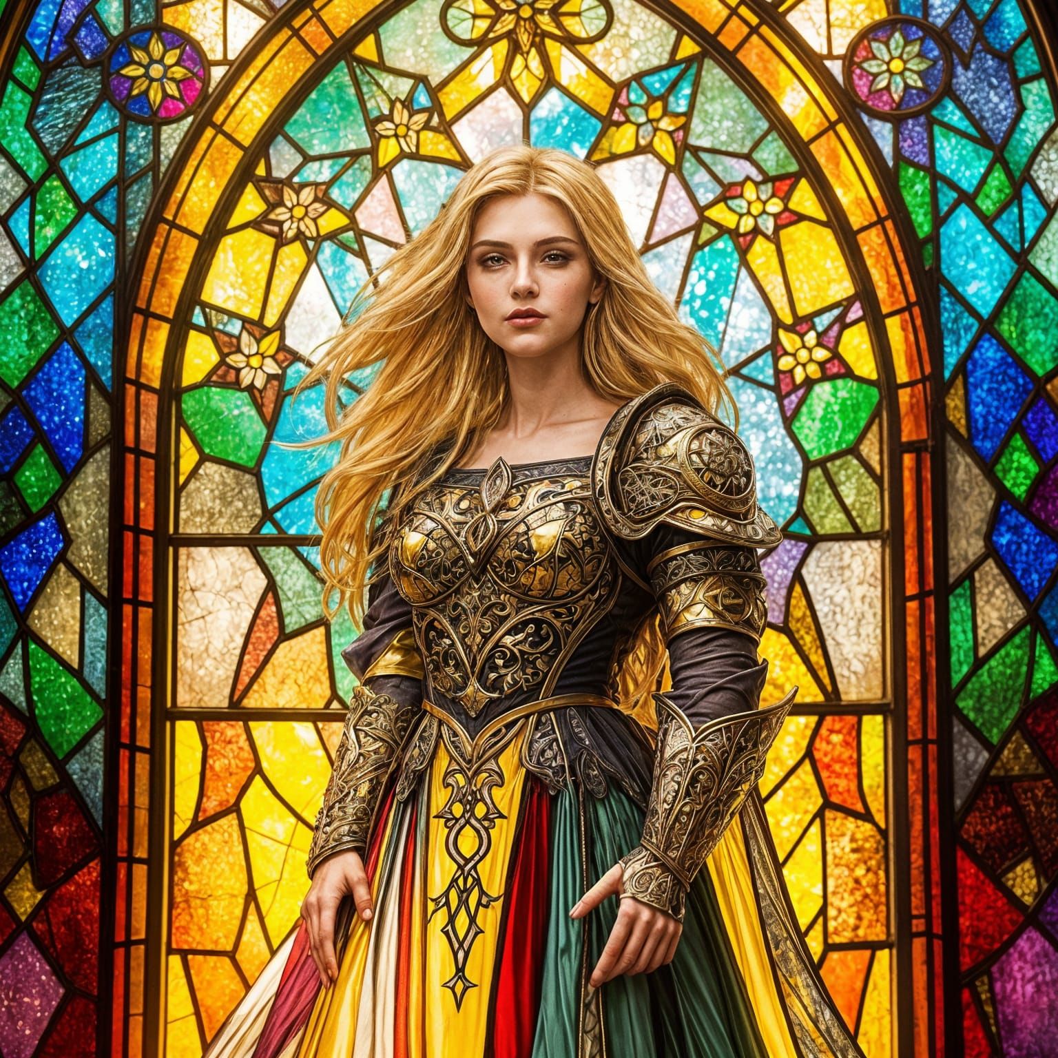 Ethereal Woman in Stained Glass Majesty