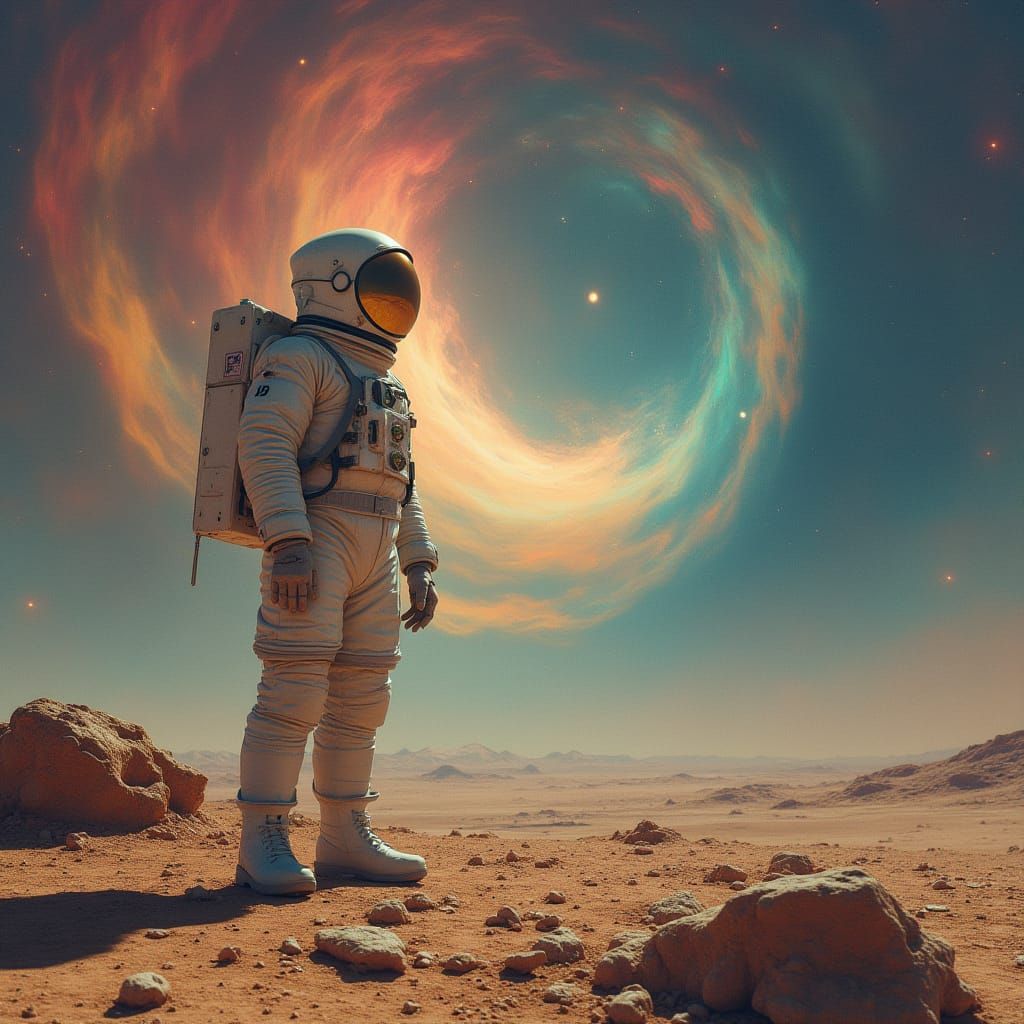 Astronaut on Alien Planet Gazing at Nebula
