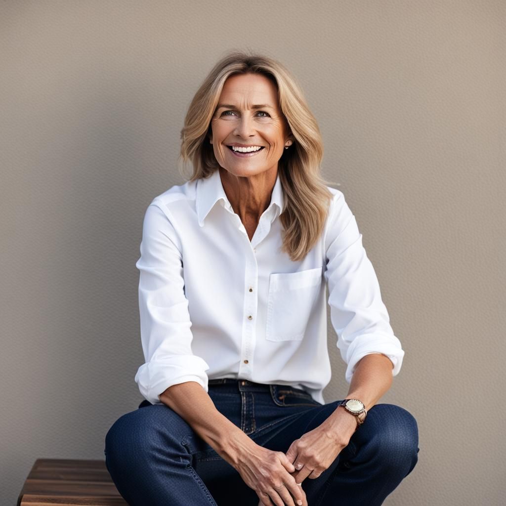 Smiling Woman in Classic White Shirt and Jeans