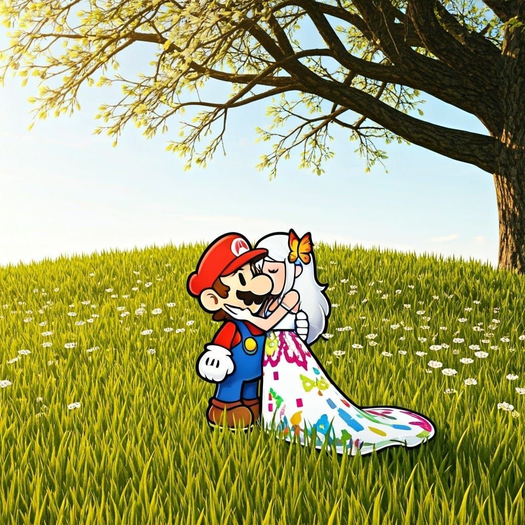 Photorealistic Paper Mario and Tippi Embrace in Field