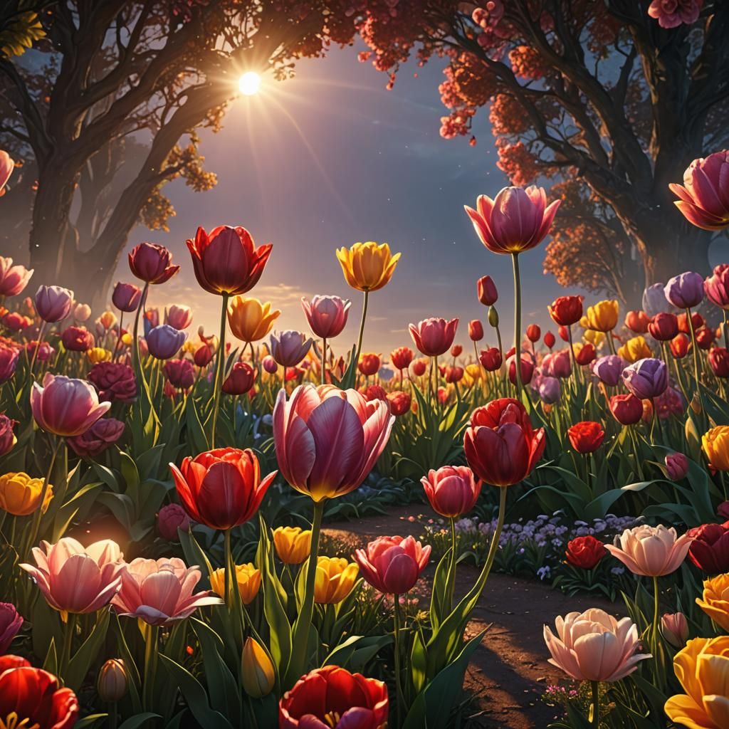 Radiant Tulip-Rose Flower at Sunset: Fantasy Concept Art