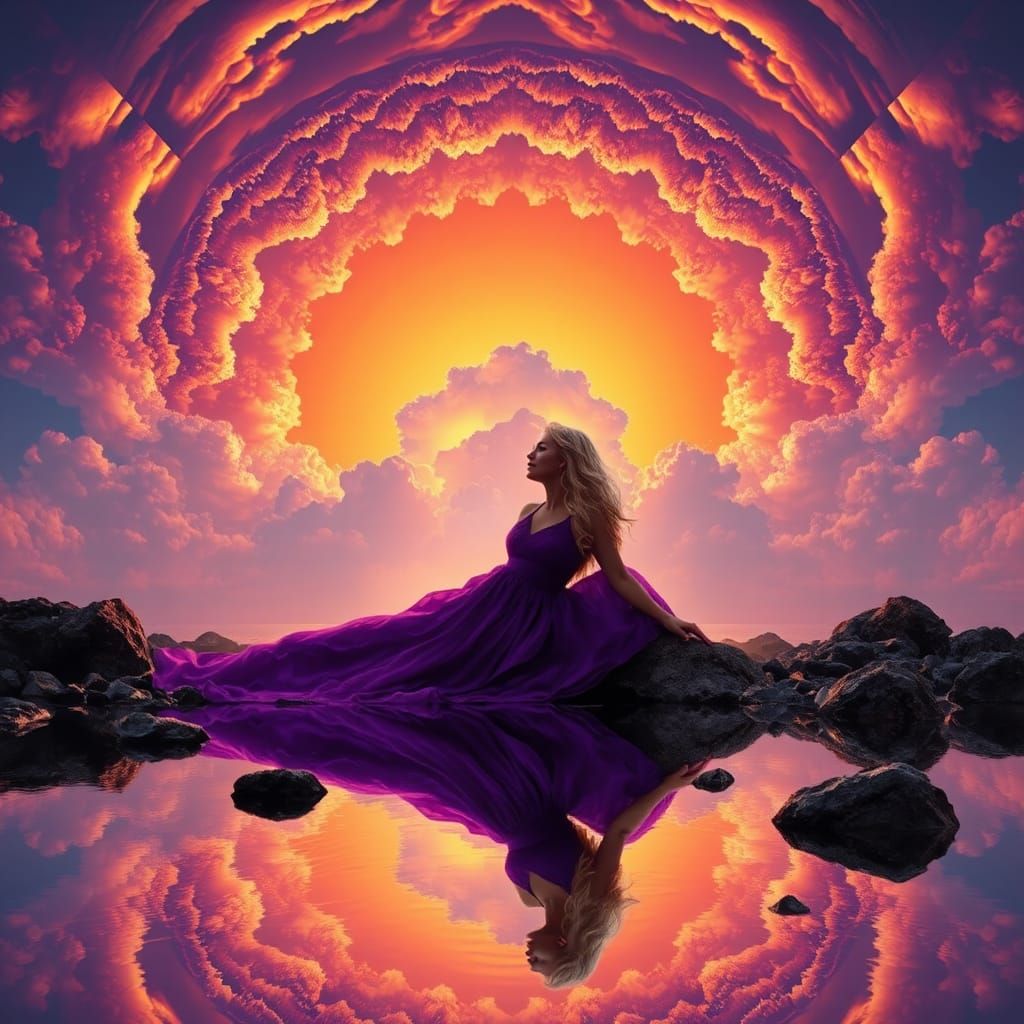 Woman on Beach with Iridescent Aura in Cubist Style