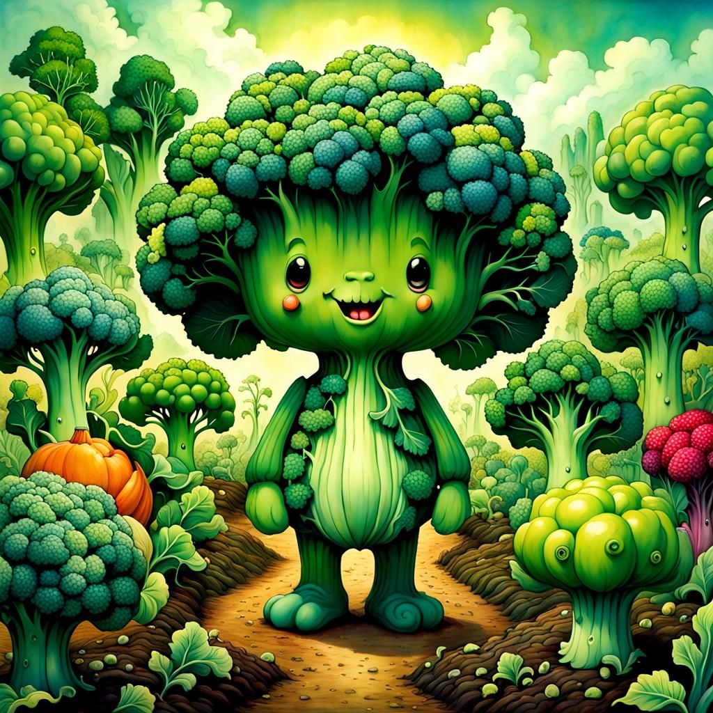 Whimsical Anthropomorphic Broccoli in a Garden