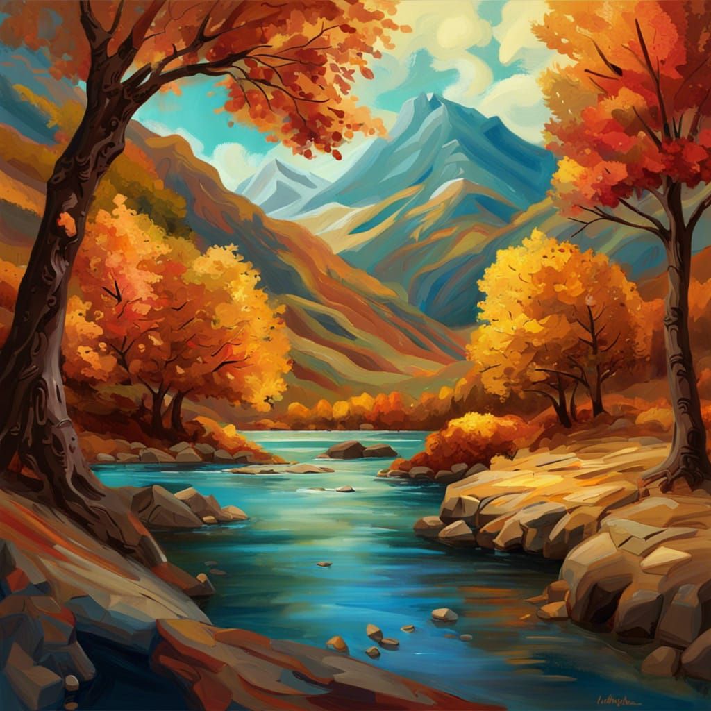 Autumn Mountain Landscape as Impasto Oil Painting