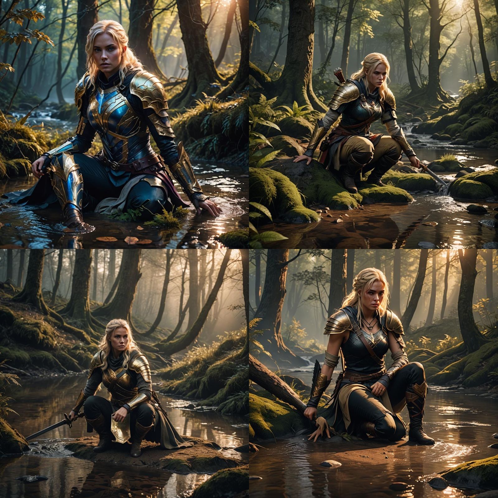 Armored Blonde Warrior Crouching in Dark Forest
