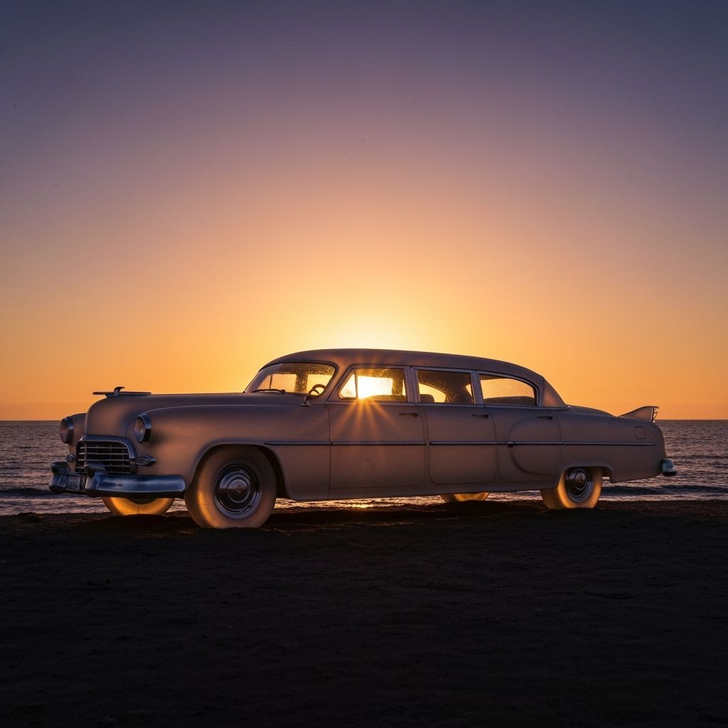 1940s Glass Limousine Sculpture on Beach at Sunset