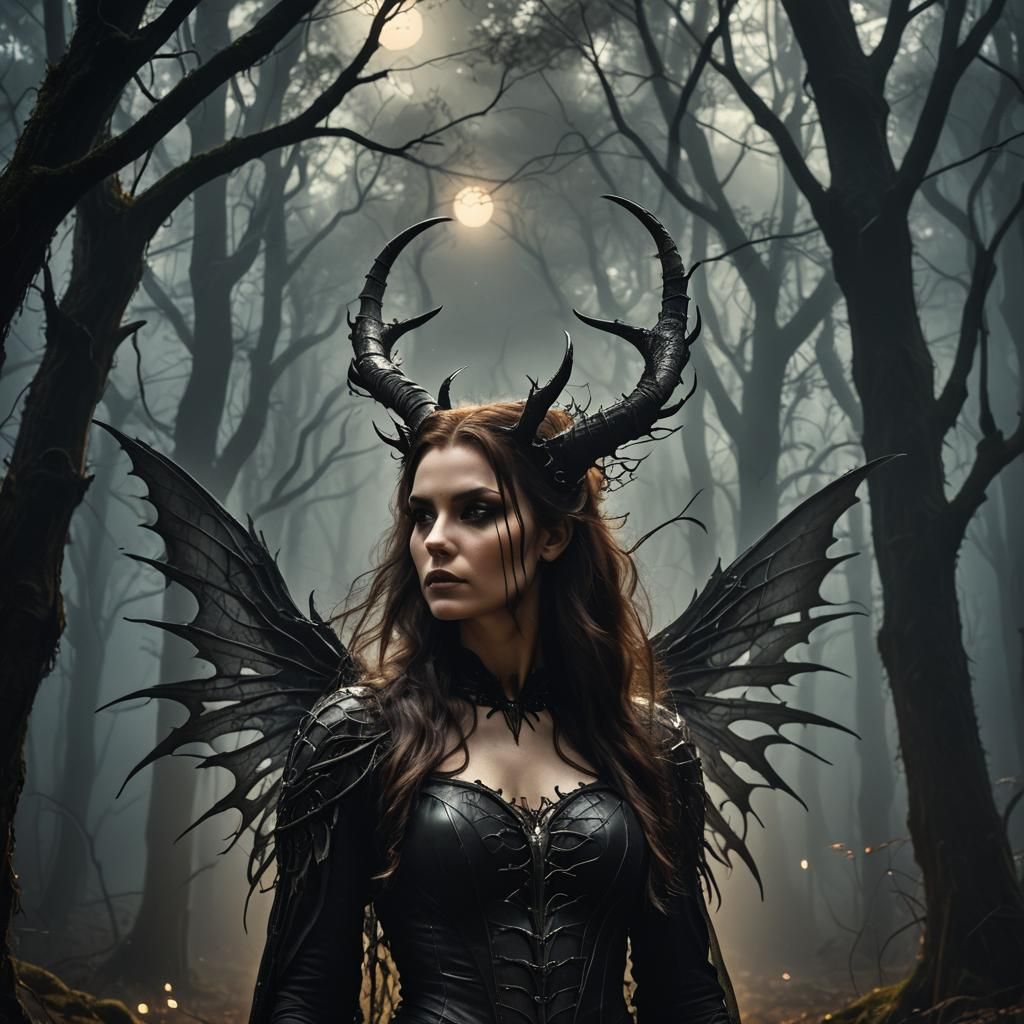 Gothic Fantasy Girl with Wings in Dark Forest