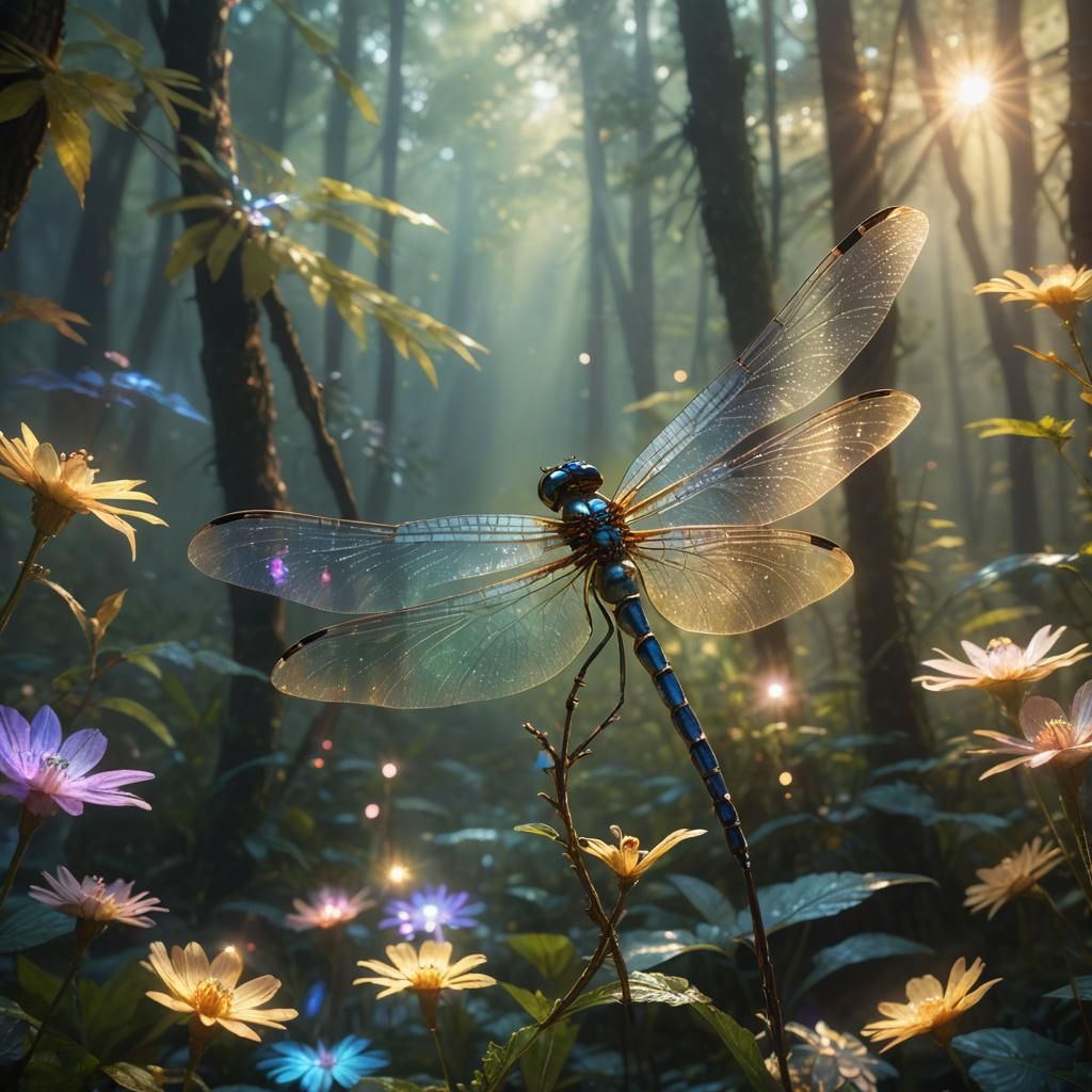 Dragonfly with Iridescent Wings in Mystical Forest