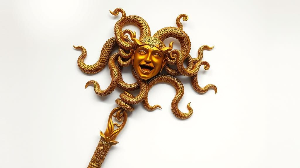 Ornate Gold Medusa Staff of Hermes in Alcohol Ink Style