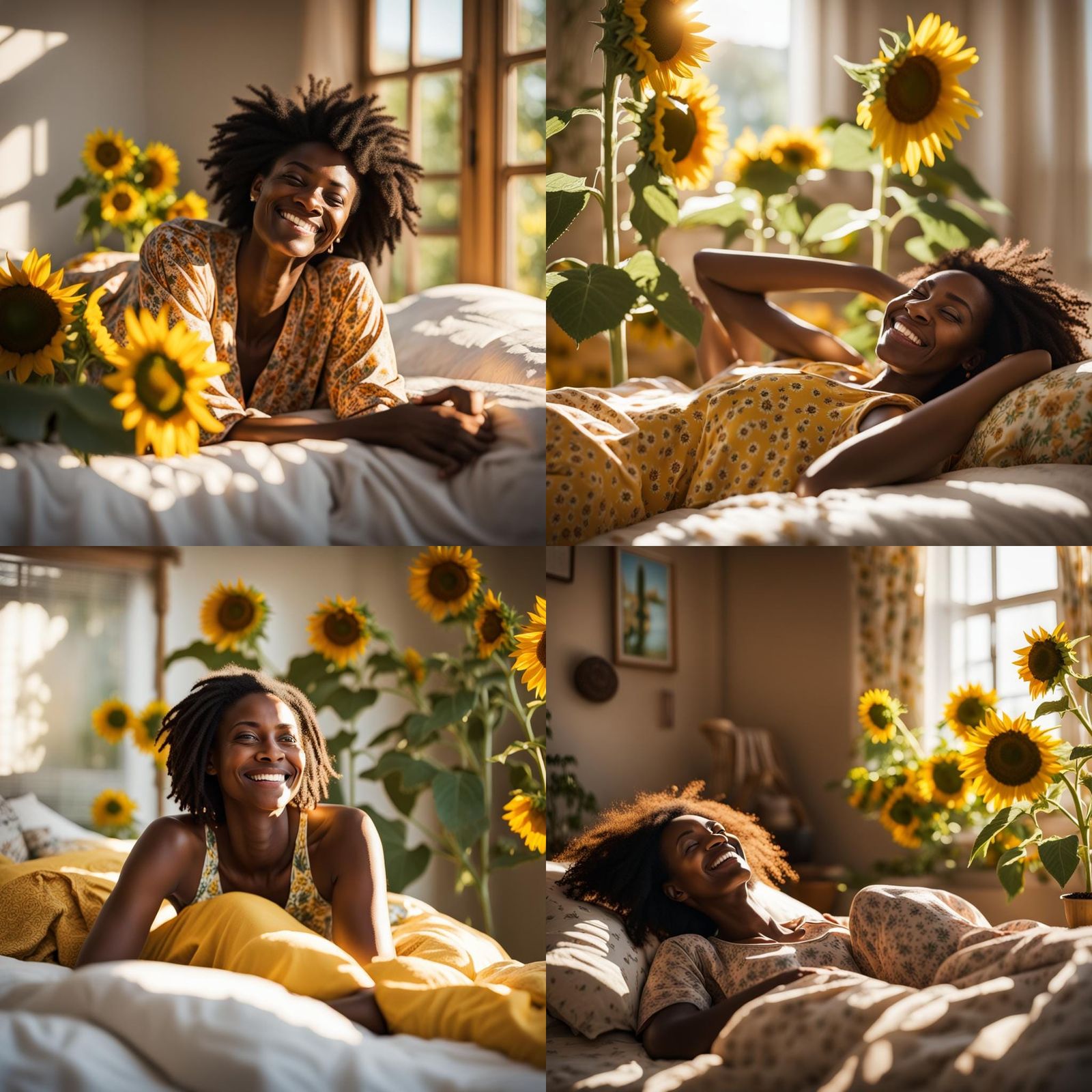 Nubian Woman Surrounded by Sunflowers in Bedroom