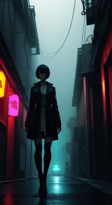 Moody Anime Woman in Dark Alley with Neon Lights