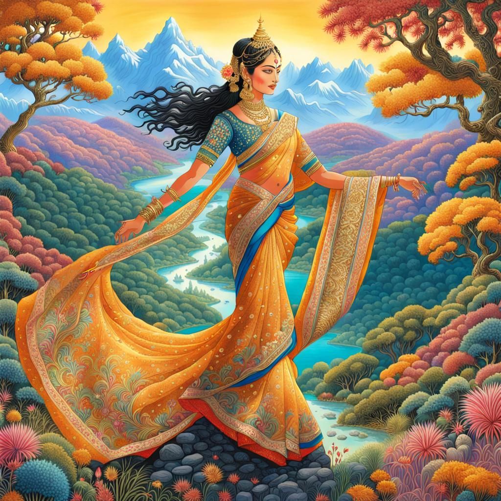 Golden Sari Dance for Ginesh: Raqib Shaw Illustration