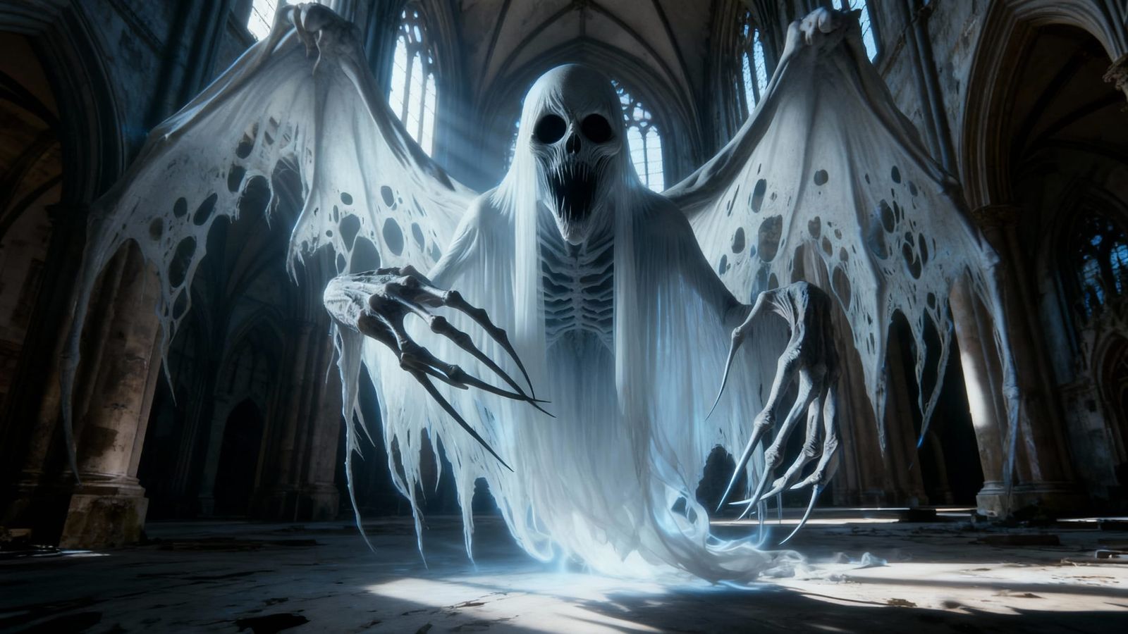 Ghostly Specter Haunts Abandoned Gothic Cathedral