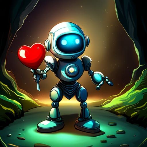 Cute Robot with Heart Sign in Dark Fantasy Style