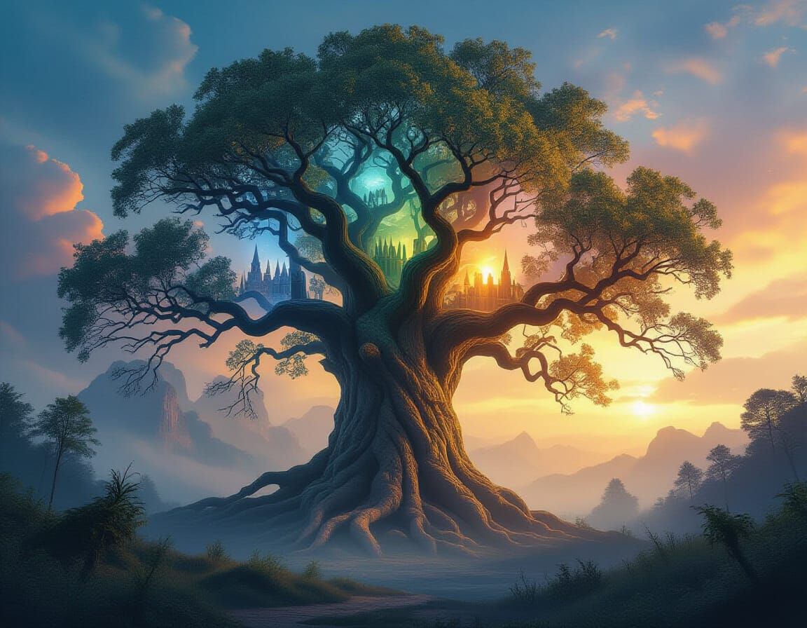 Ancient Tree Symbolizing Time Periods in Ethereal Mist