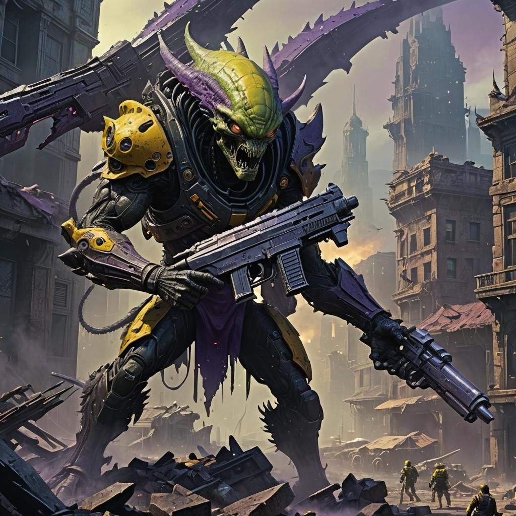 Alien Warrior in Mist-Shrouded Cityscape