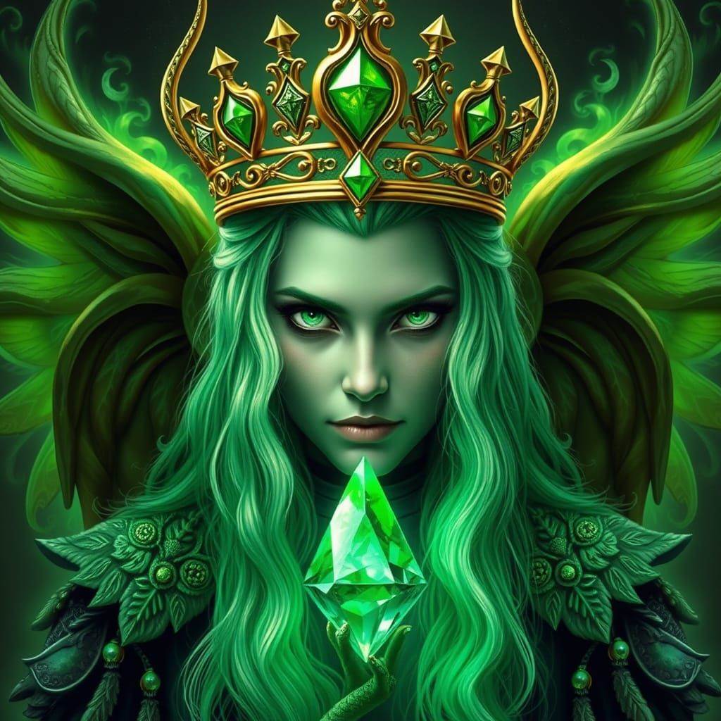 Mystical Green Priestess with Emerald Hair, Celtic Style