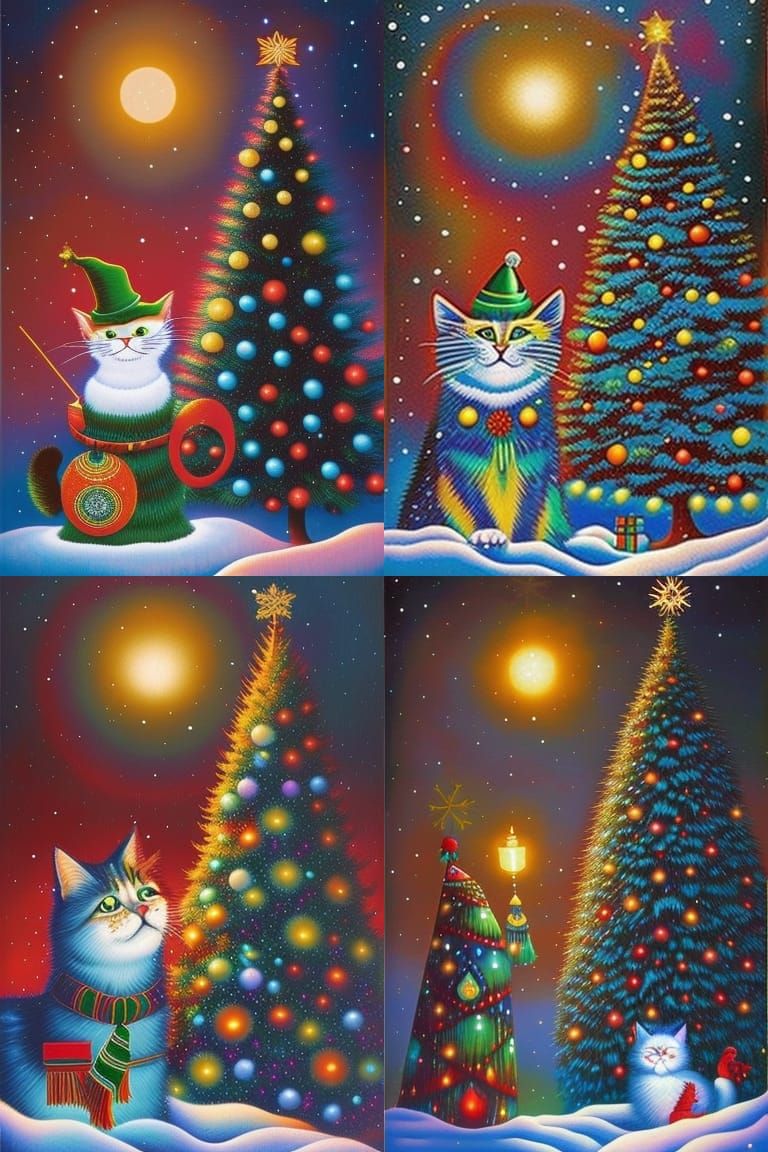 New Year Cat with Christmas Tree in Magic Realism