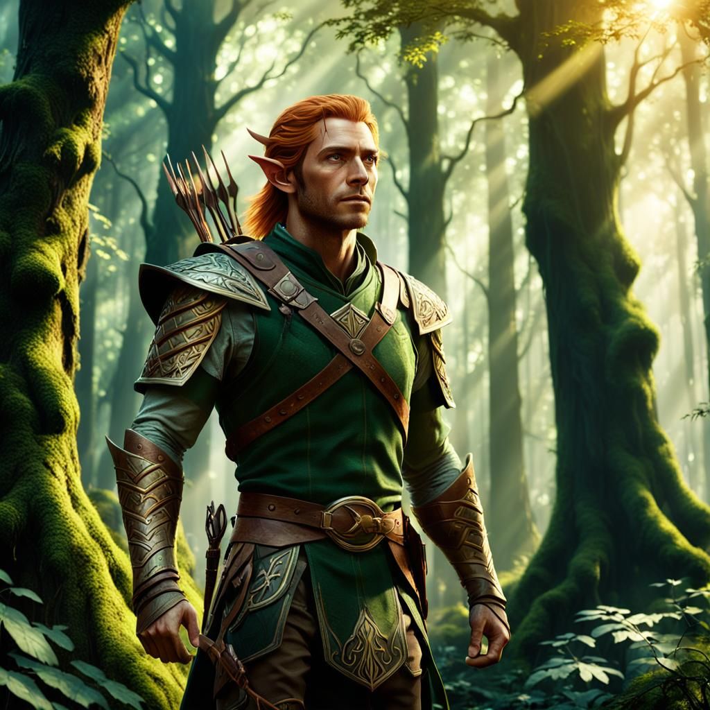 Wood Elf Ranger in Lush Forest: Cinematic Art