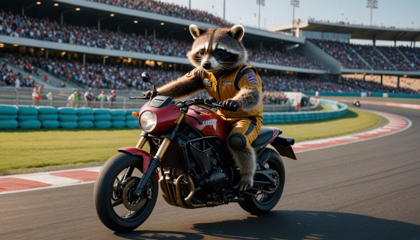 Raccoon Racer on Motorcycle at High Speed