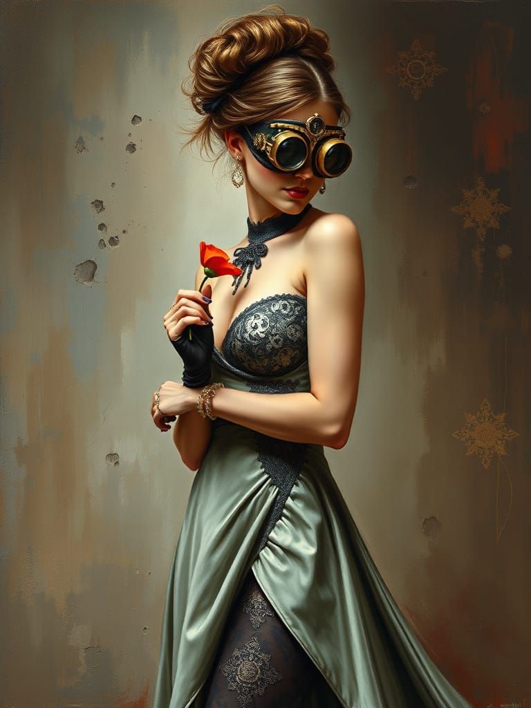 Steampunk Lady in Ballroom: Impasto Oil Painting