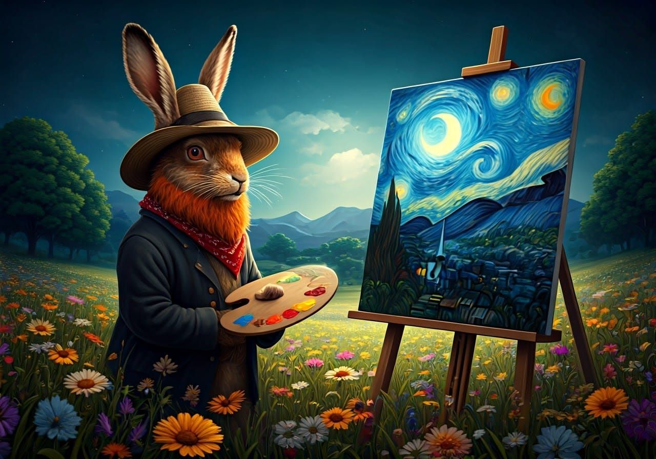 Whimsical Van Gogh-Inspired Hare Paints Starry Night Masterp...