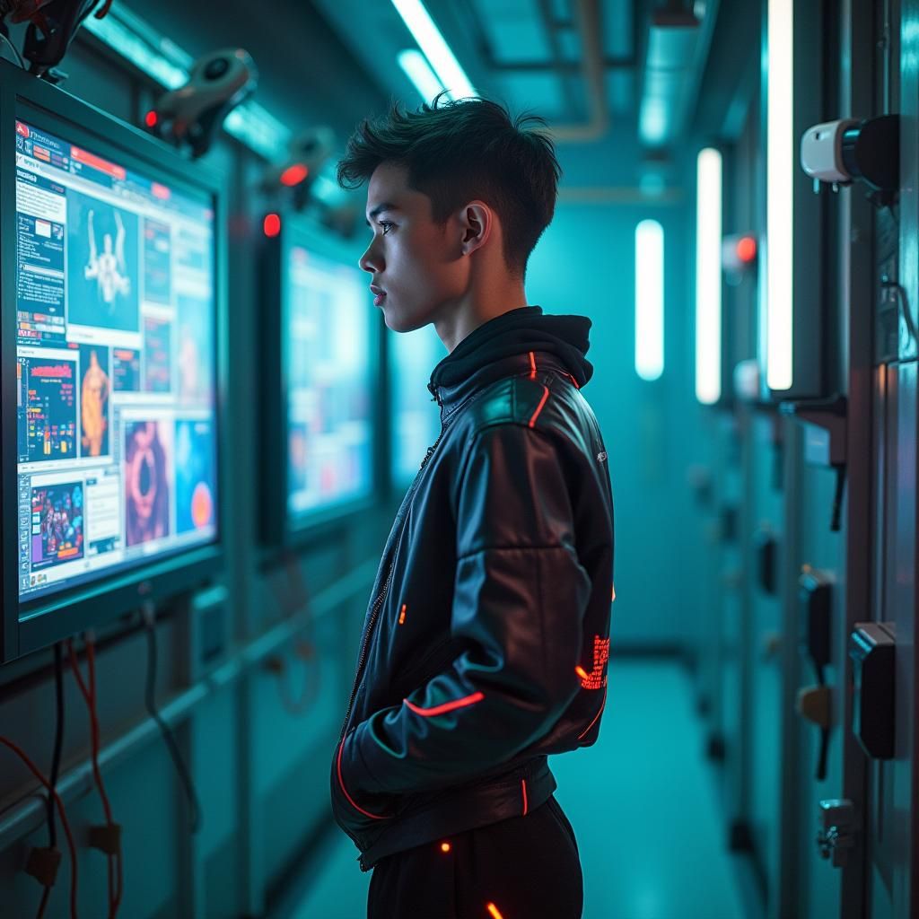 Futuristic Person in High-Tech Cyberpunk Laboratory