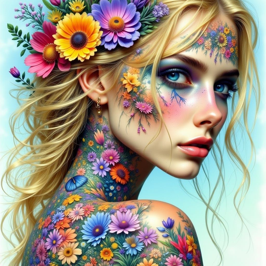 Woman with Floral Face in Surreal Dreamscape