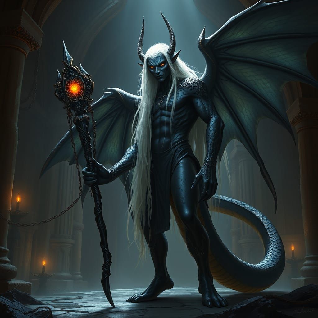 Dark Elf-Dragon Hybrid in Ancient Temple