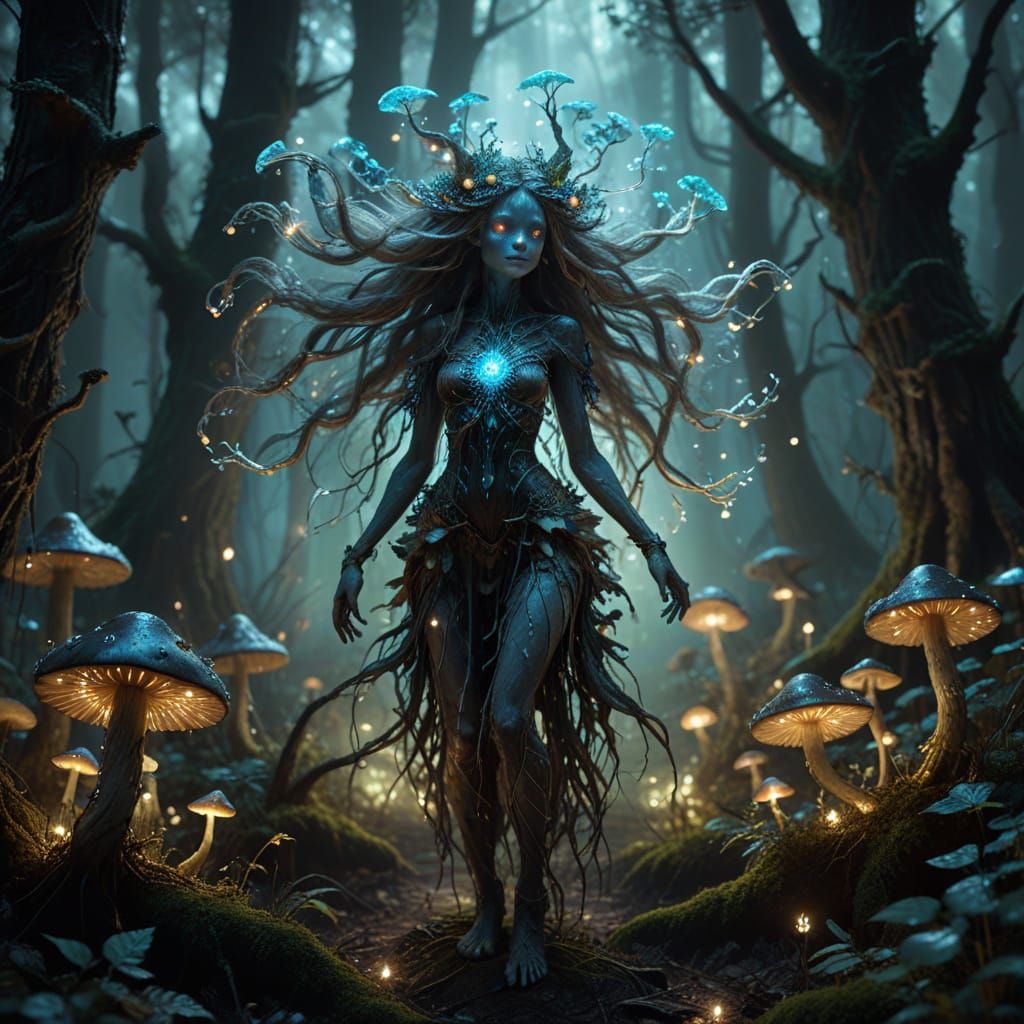 Forest Spirit Dance in Bioluminescent Fantasy Art