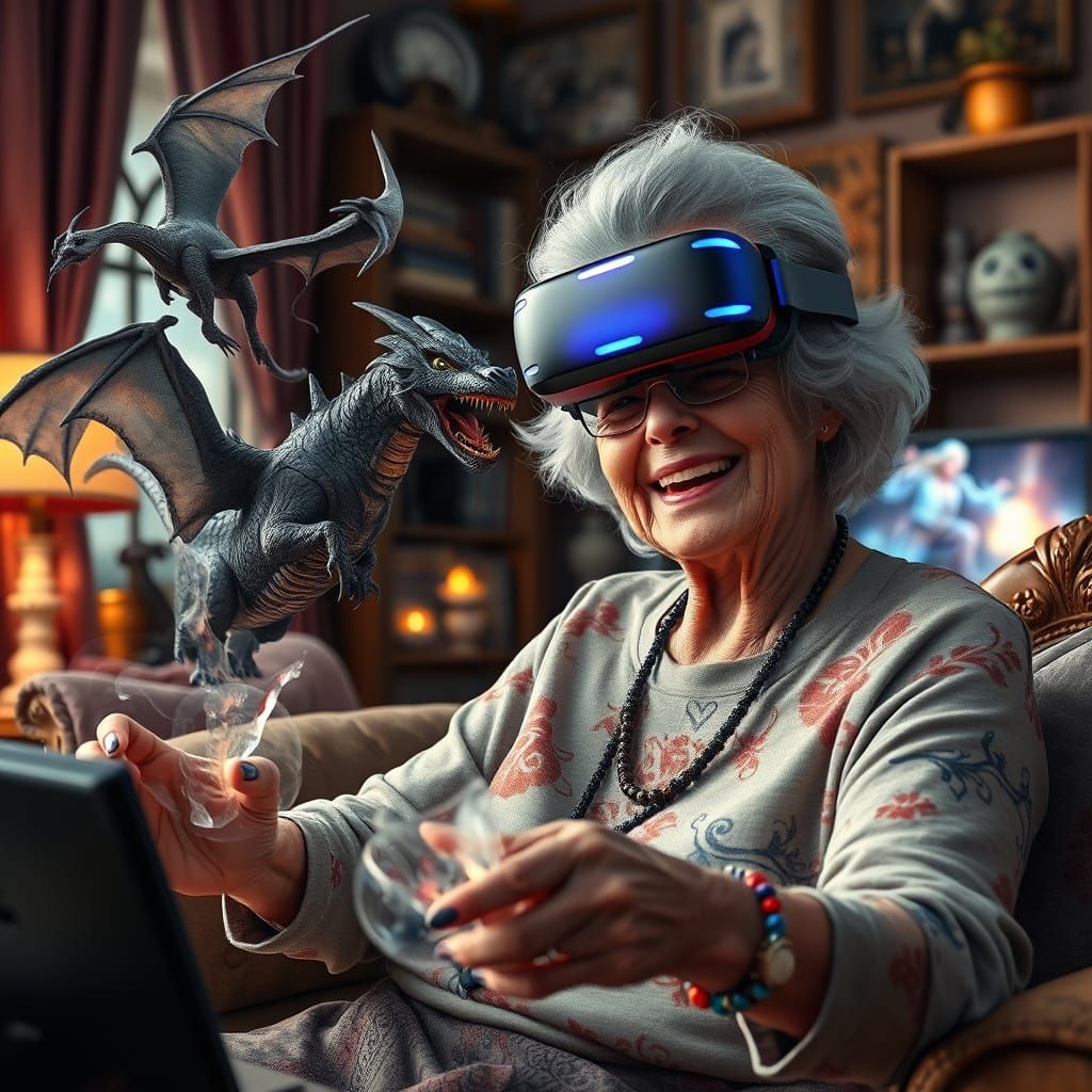 Elderly Woman's VR Adventure in Magical Realism