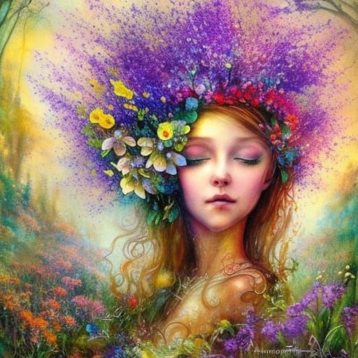 Wildflower Fairy in Lush Forest Watercolor