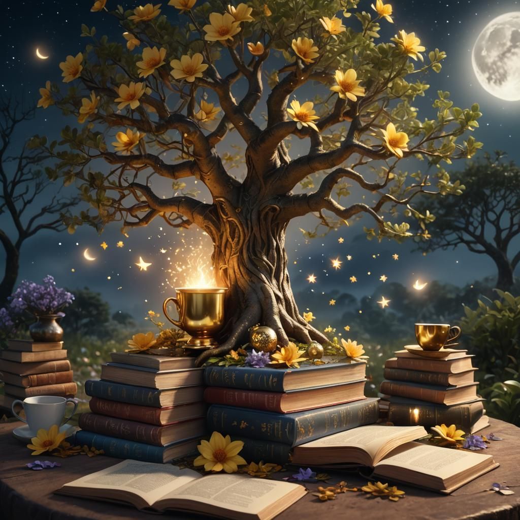 Magical Books, Tea, and Tree of Life in Moonlight