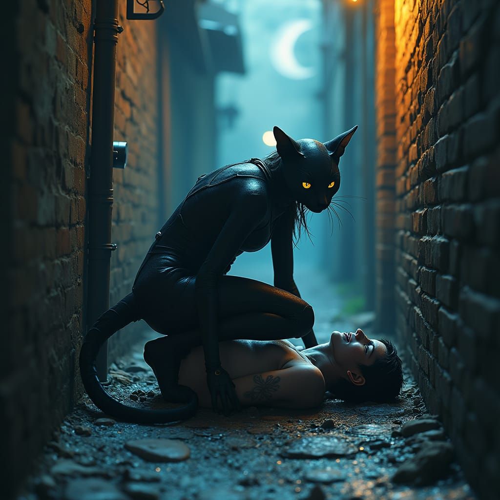 Feline Humanoid in Dark Alley, Dark Fantasy Art