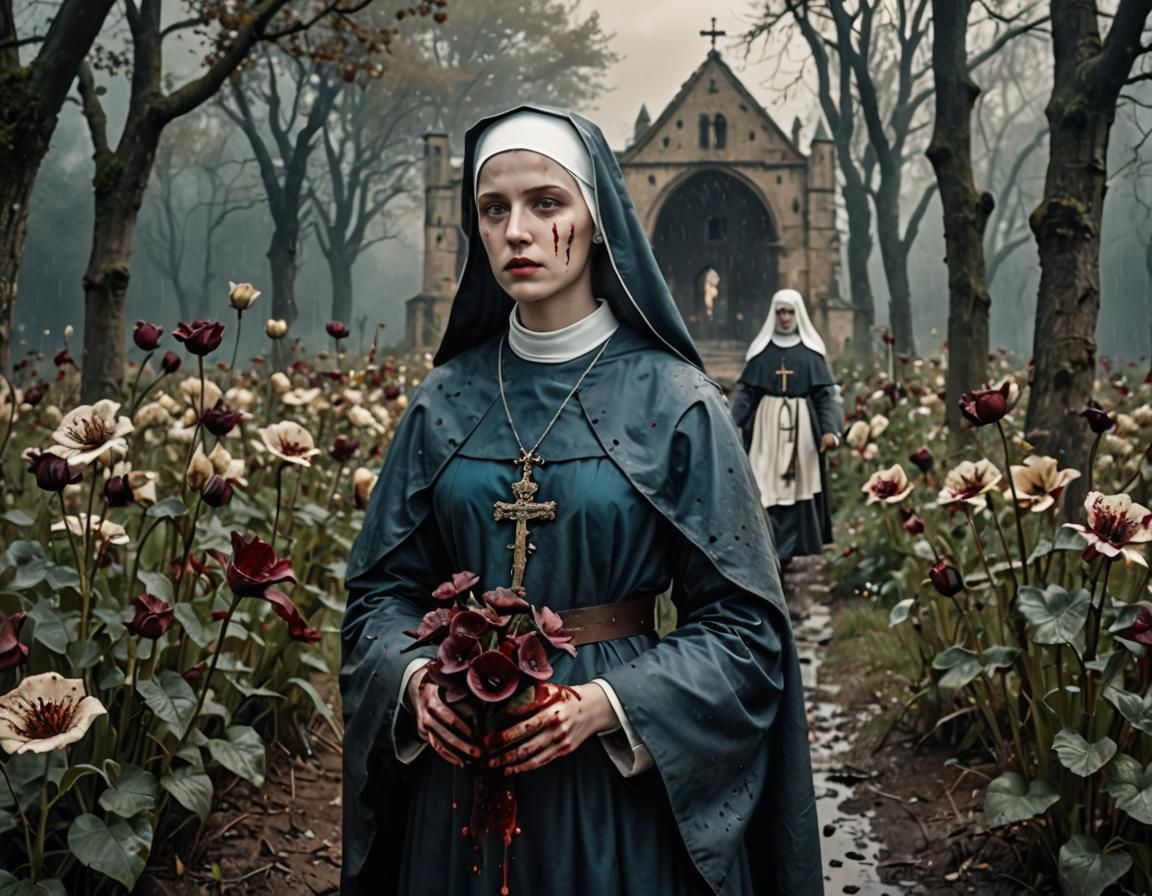 Gory Nun in the Rain: Hyperrealistic Digital Art