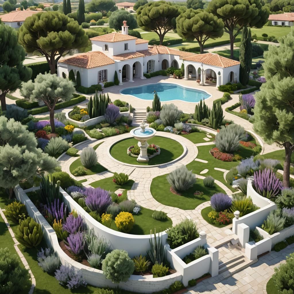 Mediterranean Garden with White House and Fountain