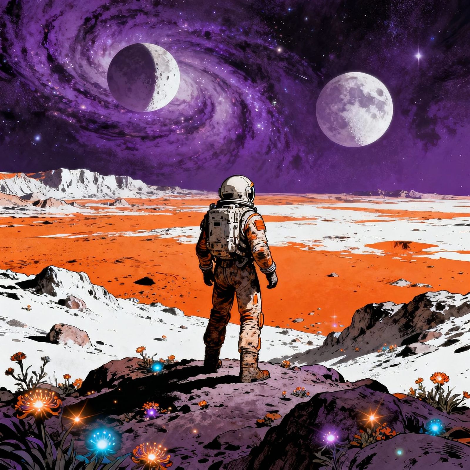 Astronaut on Alien Planet with Twin Moons