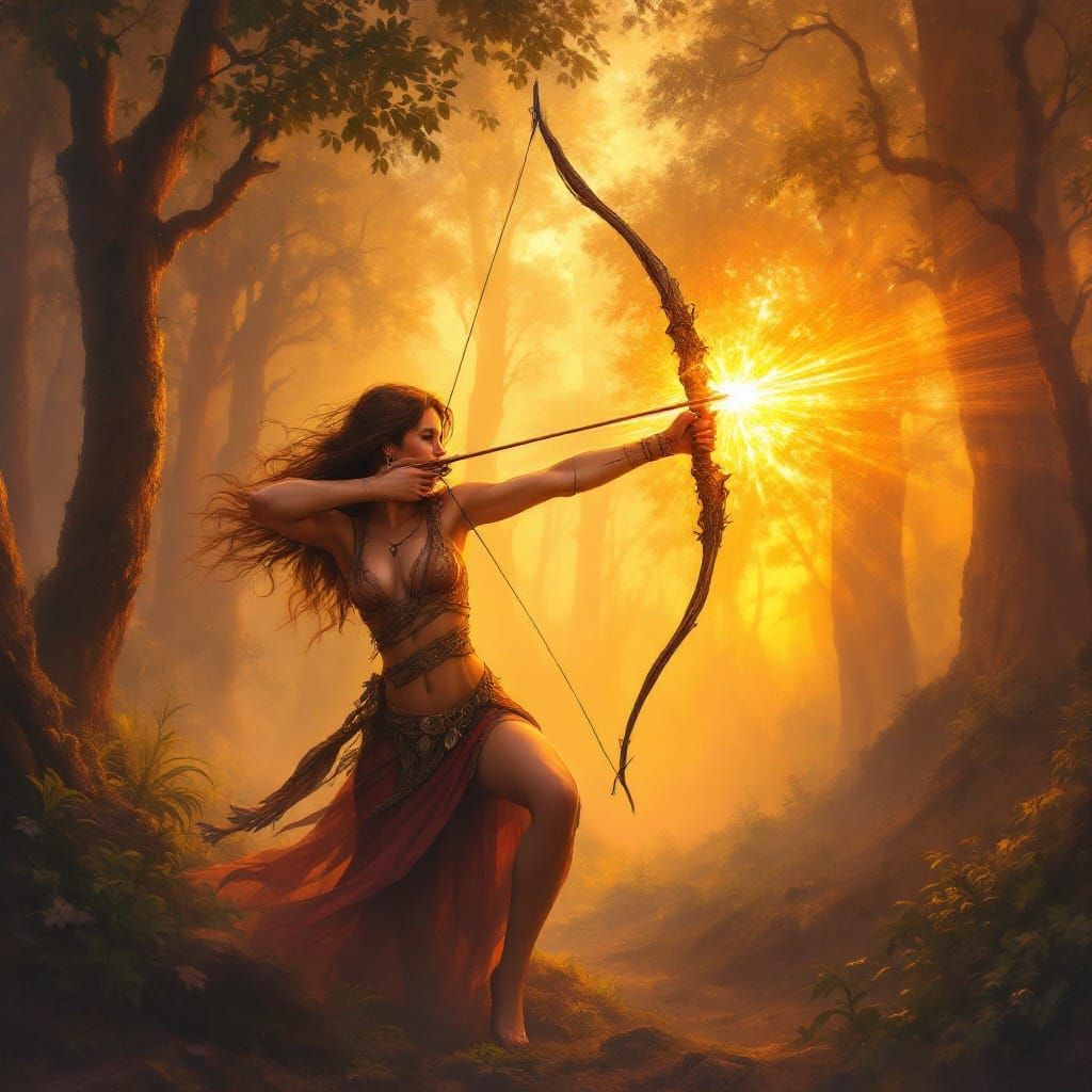 Woman Archer in Ancient Forest, Hyperdetailed Concept Art