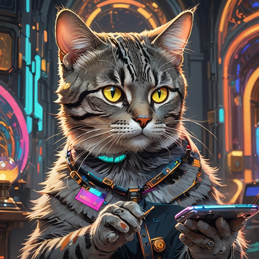 Gray Tabby Cat Texting, Art Nouveau Style