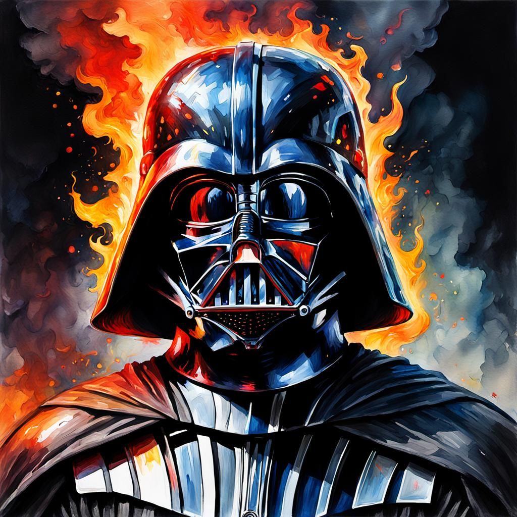 Fiery Darth Vader: Grotesque Watercolor Impression