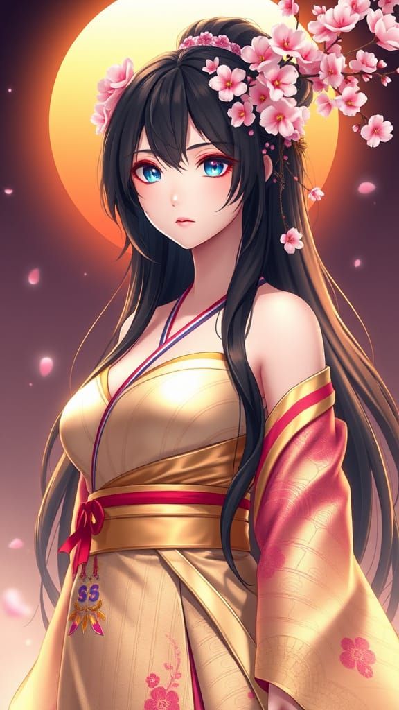 Majestic Amaterasu Goddess of the Sun in Gold Kimono