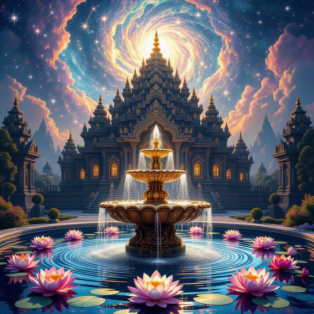 Cosmic Temple Fountain with Fractal Lotus Flowers