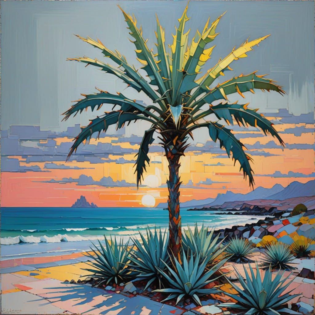 Abstract Coastal Landscape with Agave and Palm Tree in Vibra...