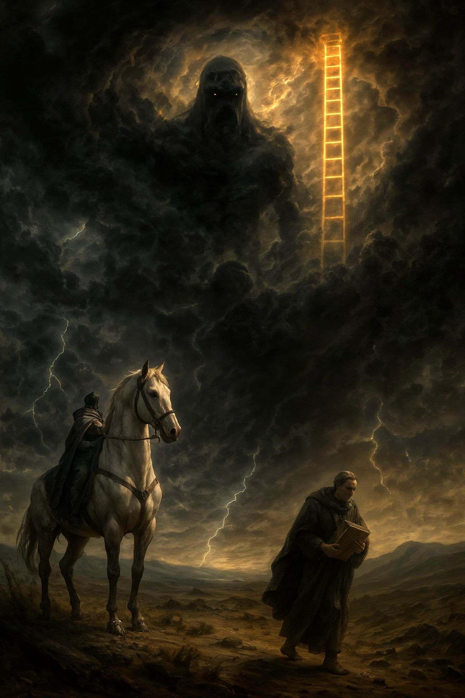 Epic Warhorse Rider Under Ancient Entity's Gaze