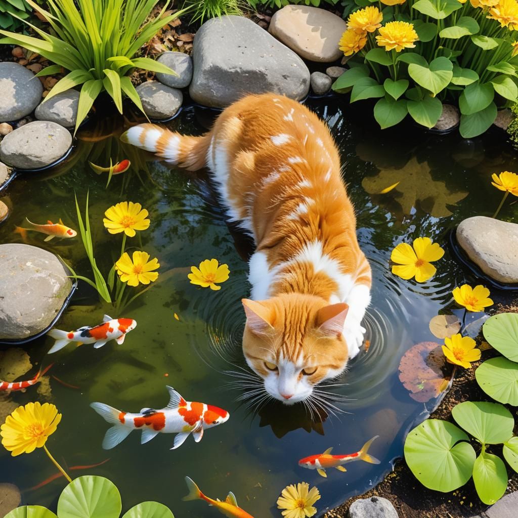 Tabby Cat Touches Pond in Autumn Garden