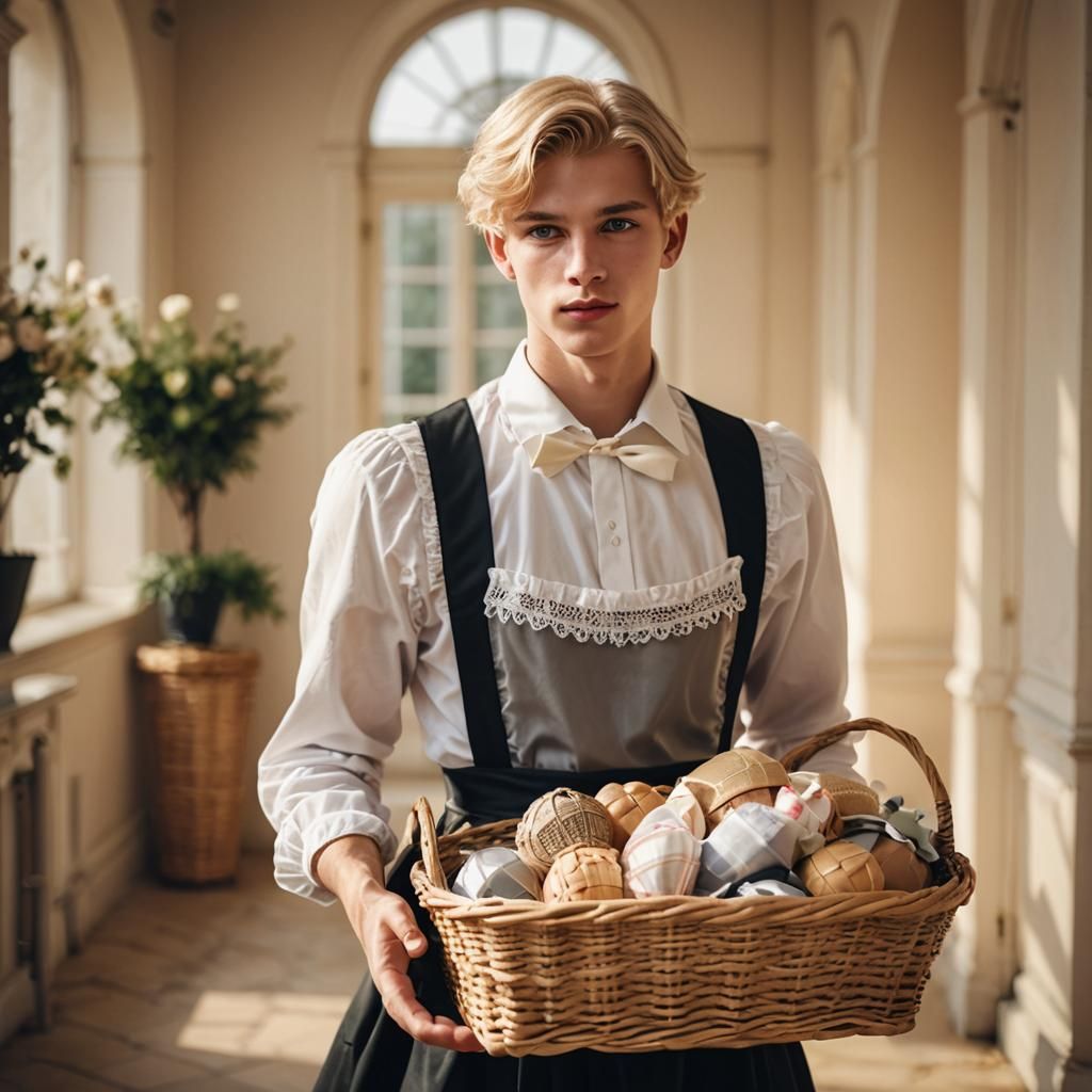 Young Man in French Maid Dress With Laundry Basket