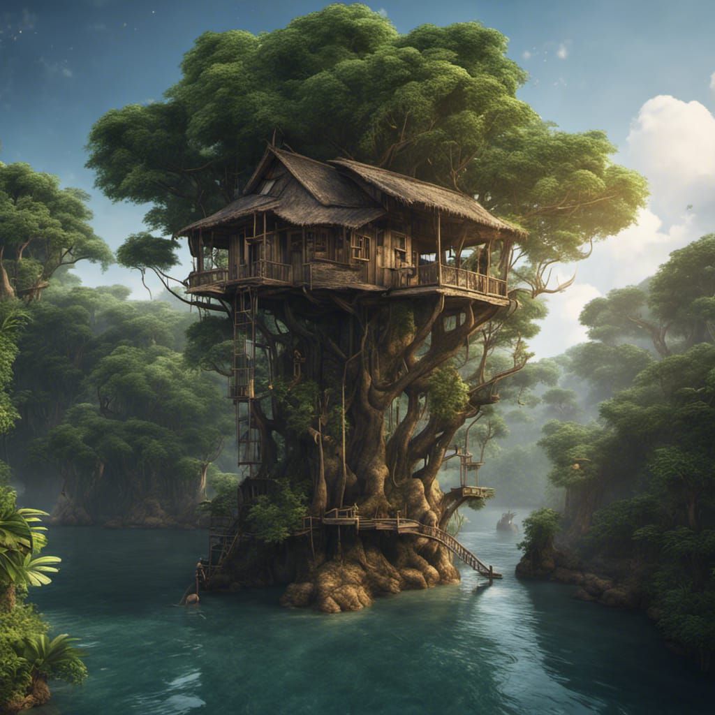 Thailand Jungle Treehouse by the Ocean: Photorealistic Art