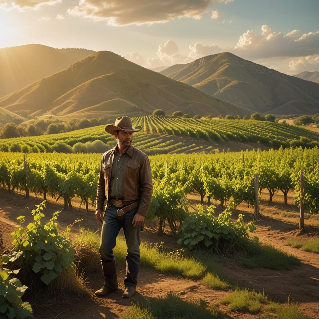 Cowboy Amidst Vineyard Golden Dawn
