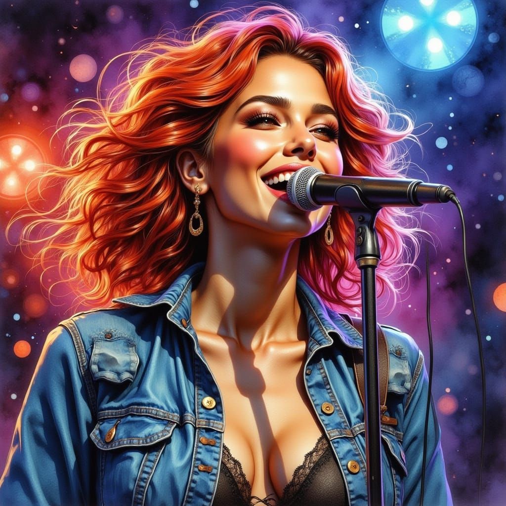 Woman Singing on Stage in Watercolor and Ink